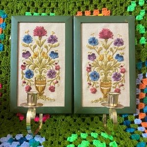 Vintage hanging framed crewel w candle holders